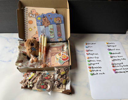 a capy mystery box next to a whiteboard that declares the prizes.